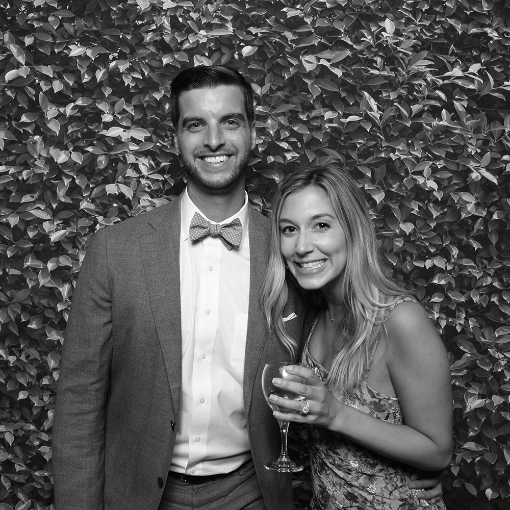 Monochrome Photo Booth Picture in Front of and Ivy Backdrop