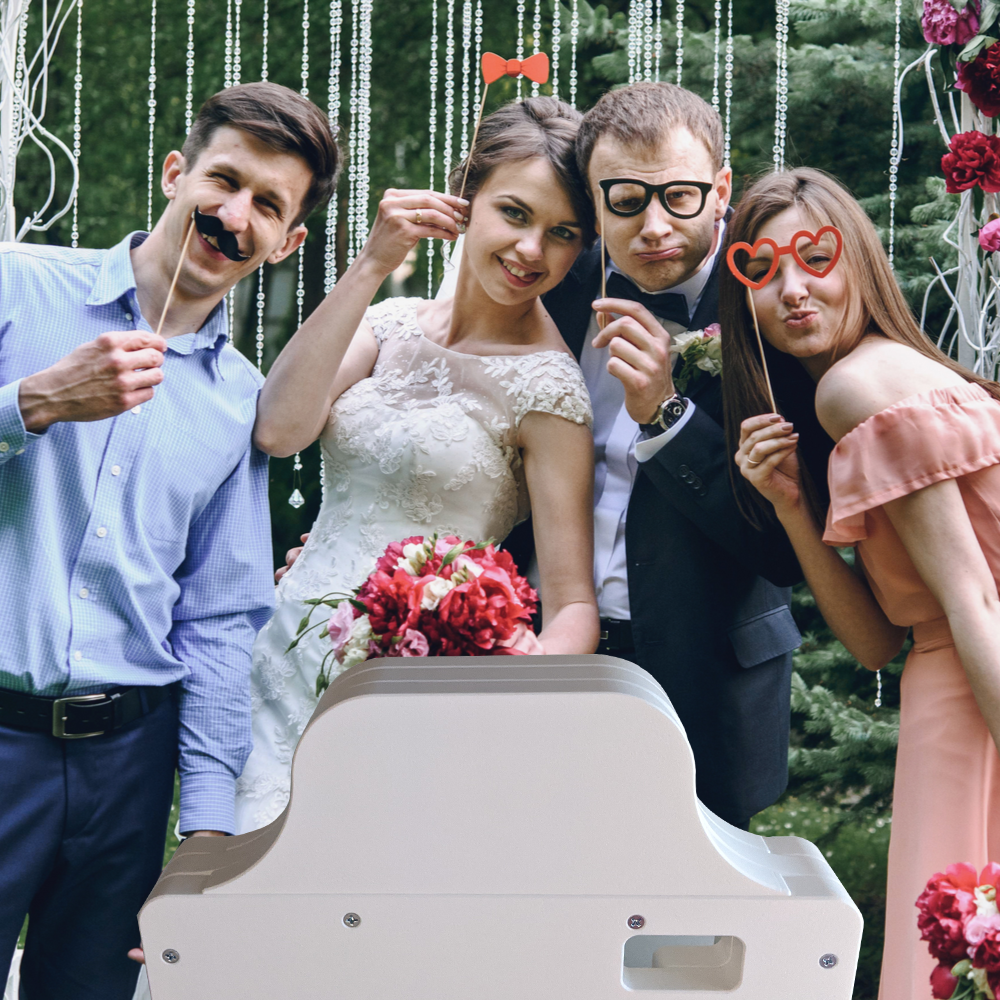 Bride Groom and friends pose in a Pixilated photo booth at a wedding